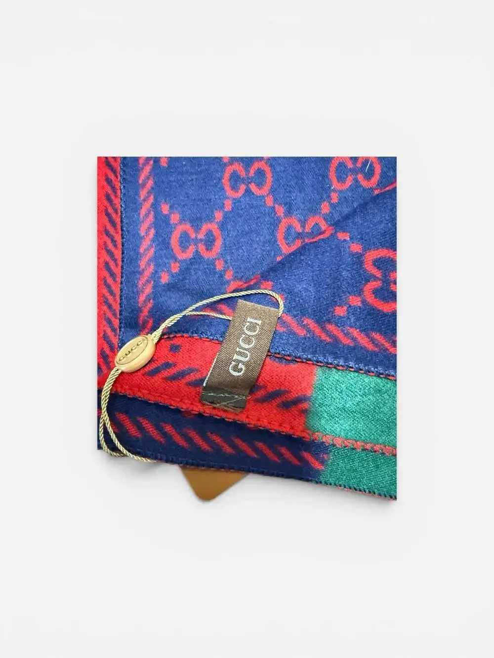 Gucci GG Wool Jacquard Scarf in Bordeaux and Blue with Green and Red Web Stripe